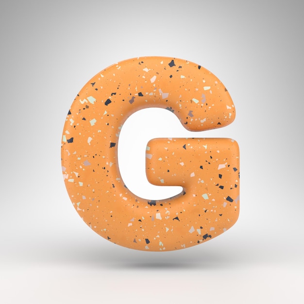 Letter G uppercase on white background. 3D rendered font with orange terrazzo pattern texture.