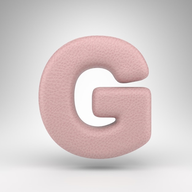 Letter G uppercase on white background. Pink leather 3D rendered font with skin texture.