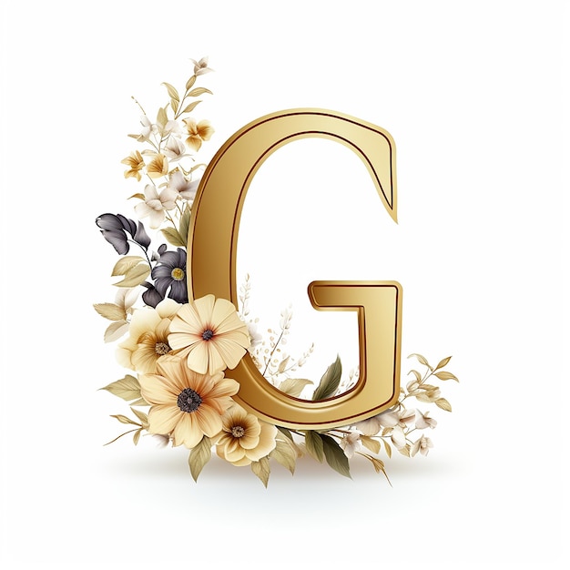 Photo letter g with gold floral logo design on a white background and gold composition