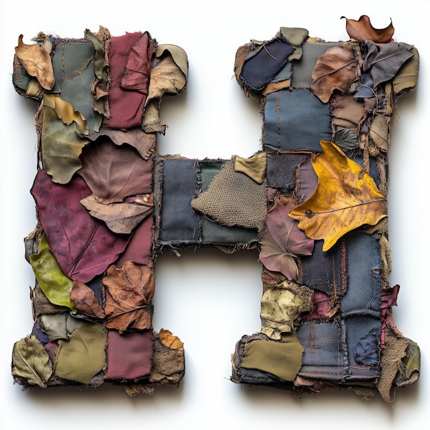 The Letter H Constructed From Patchwork Fabric and Leaves