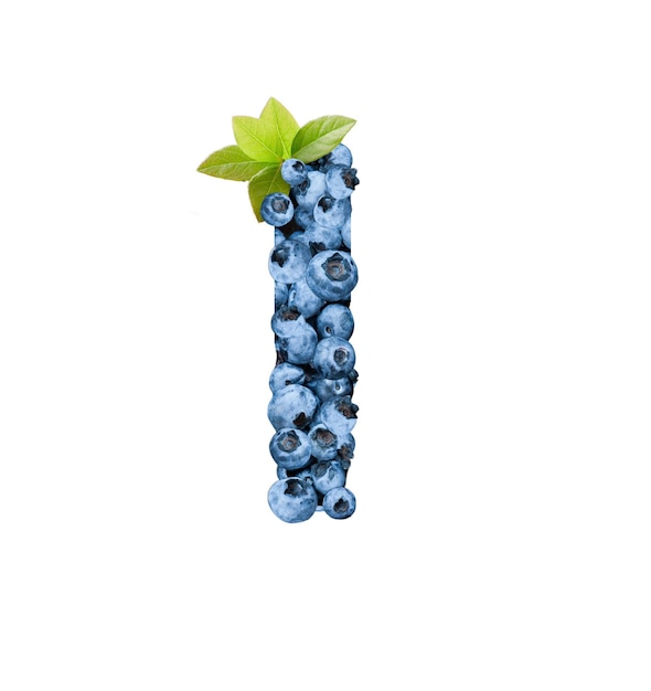 Letter I, made with fresh blueberries isolated on white. Bluberries font of full alphabet set of upper case letters.