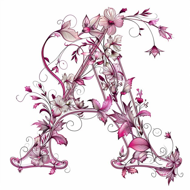 a letter a is painted with pink flowers and vines