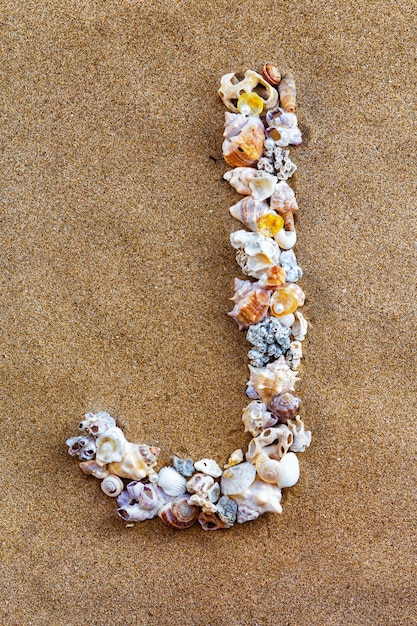 The letter J of the English alphabet a letter made of seashells on the sand