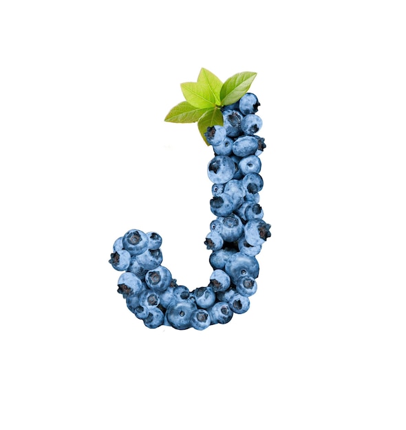 Letter J, made with fresh blueberries isolated on white. Bluberries font of full alphabet set of upper case letters.