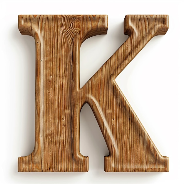 Letter K English font Bold wooden color 3D white background typography