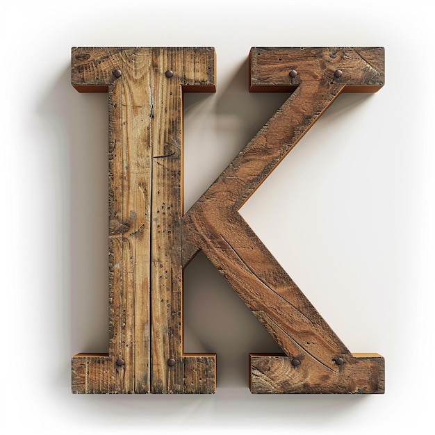 Letter K English font Bold wooden color 3D white background typography