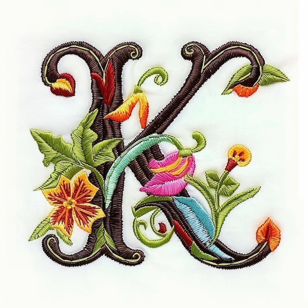 The letter k is decorated with colorful flowers embroidery on white background