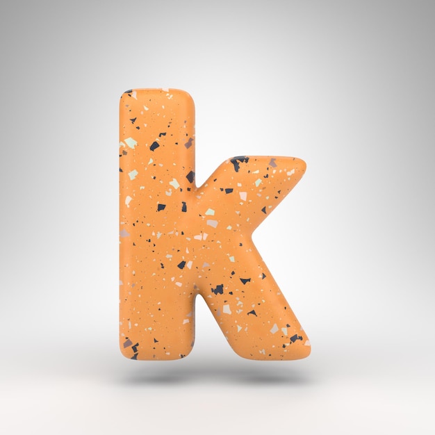 Letter K lowercase on white background. 3D rendered font with orange terrazzo pattern texture.