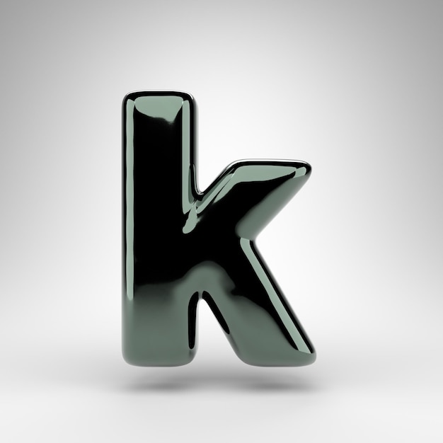 Photo letter k lowercase on white background. green chrome 3d rendered font with glossy surface.