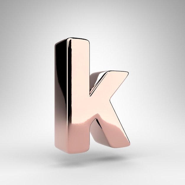 Photo letter k lowercase on white background. rose gold 3d rendered font with gloss chrome surface.