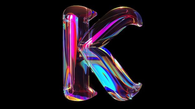 The letter K made of iridescent glass against a black background