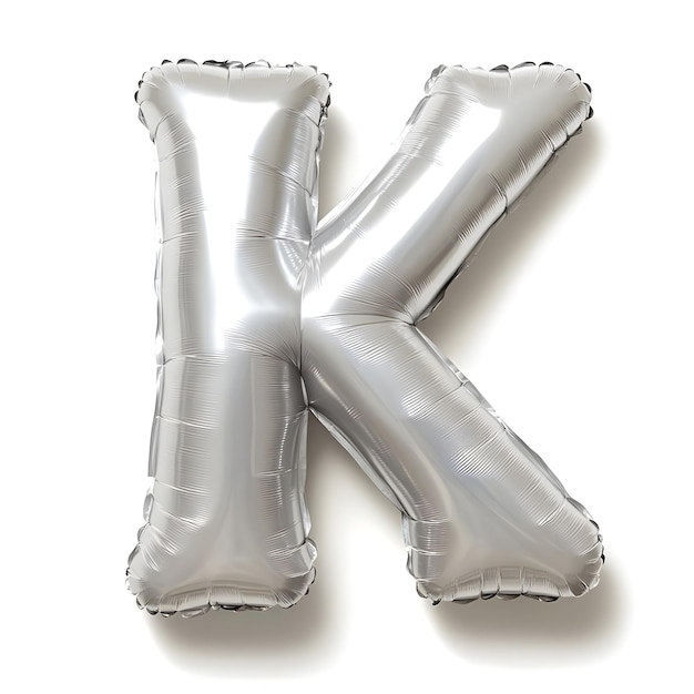 Photo a letter k made of silver white gray inflatable balloon on a white background