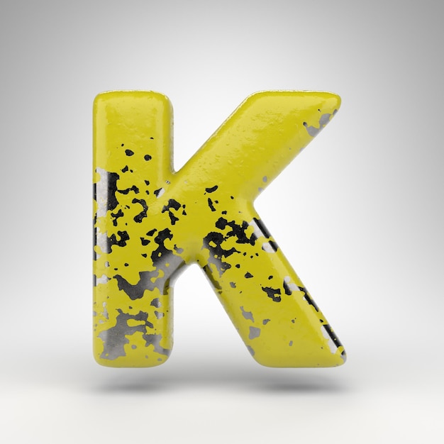 Photo letter k uppercase on white background. 3d rendered font with old yellow paint on gloss metal texture.