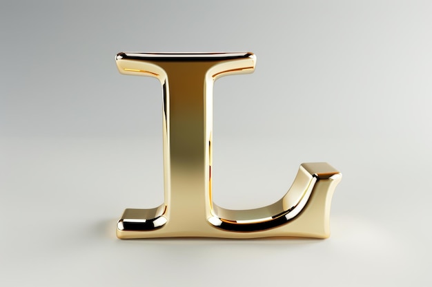 The letter L is made of gold and is sitting on a white wall