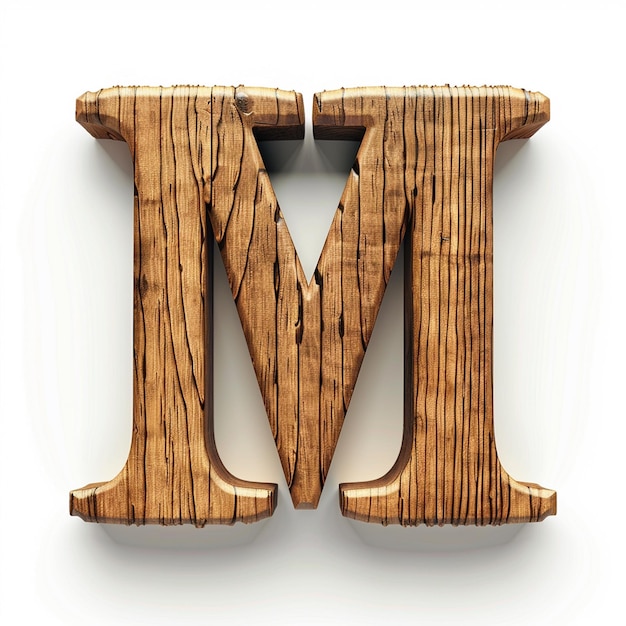 Letter M English font Bold wooden color 3D white background typography