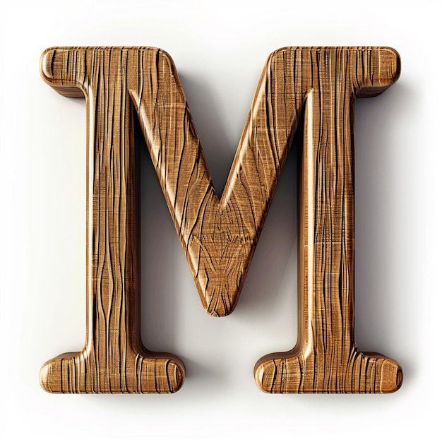 Letter M English font Bold wooden color 3D white background typography