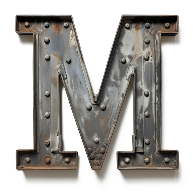 a letter m is hanging from a white background with a metal letter m