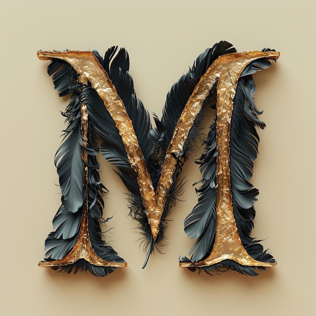 a letter m is painted with feathers and has a feather on it