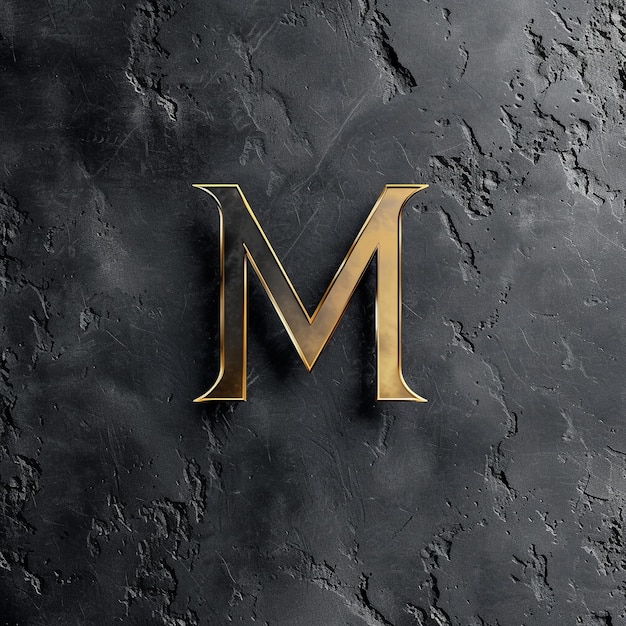 a letter m is on a stone wall with a gold letter m