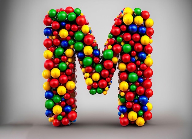 A letter m made of many colorful candy balls.