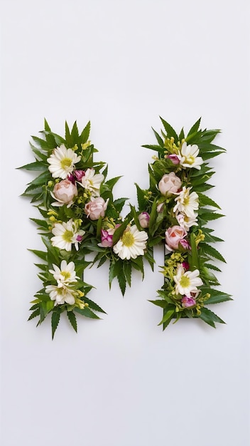 Letter m made of real natural flowers and leaves on white background isolated