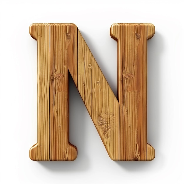 Letter N English font Bold wooden color 3D white background typography