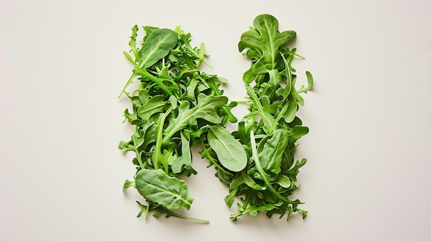 The letter N is formed by fresh arugula sprouts on a blank canvas