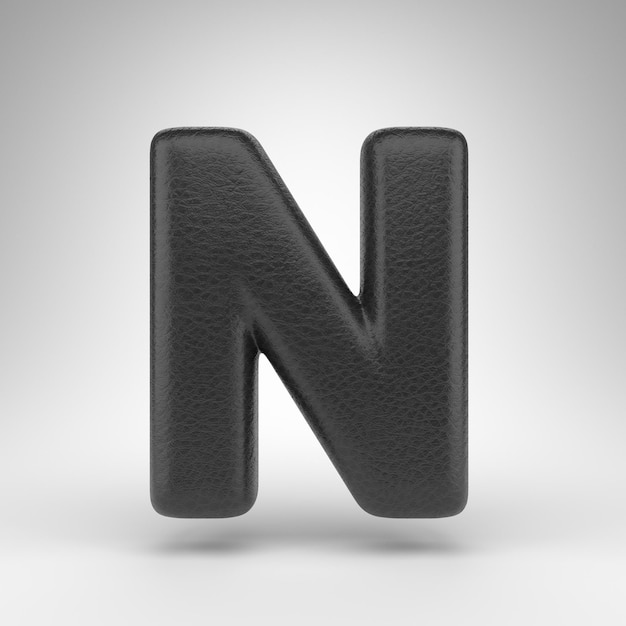 Letter N uppercase on white background. Black leather 3D rendered font with skin texture.