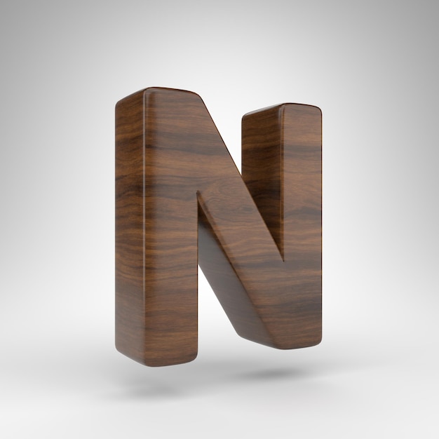 Letter N uppercase on white background. Dark oak 3D rendered font with brown wood texture.