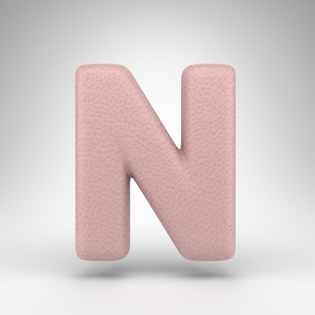 Letter N uppercase on white background. Pink leather 3D rendered font with skin texture.