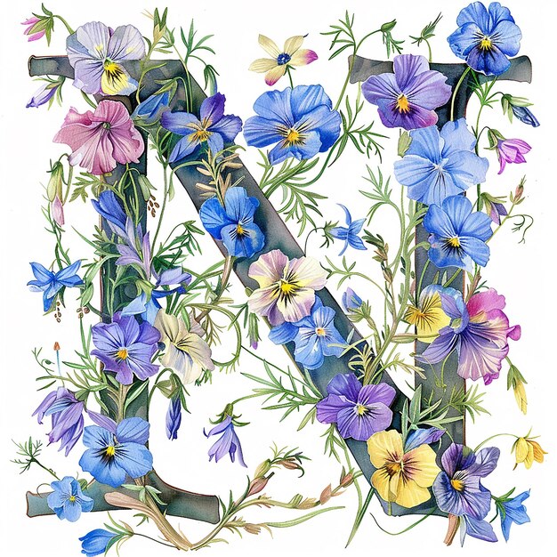 letter NSAMTLK covered in nigella nolana nerine and nemesia flowers in watercolor on a