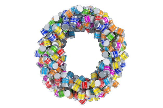 Letter O from colored paint cans 3D rendering