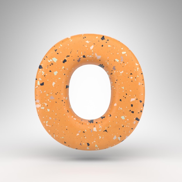 Letter O uppercase on white background. 3D rendered font with orange terrazzo pattern texture.