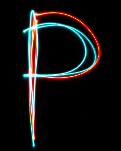 Letter p of the alphabet made from neon sign the blue red light image long exposure with colored