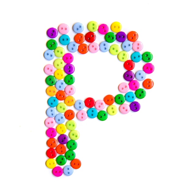 Letter P of the English alphabet from a group of colorful small buttons on white 