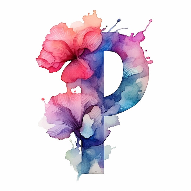 Letter P floral alphabet on white background Beautiful watercolor flower font concept