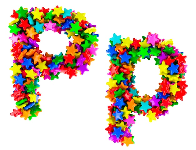 Letter P from colored stars uppercase and lowercase letters 3D rendering