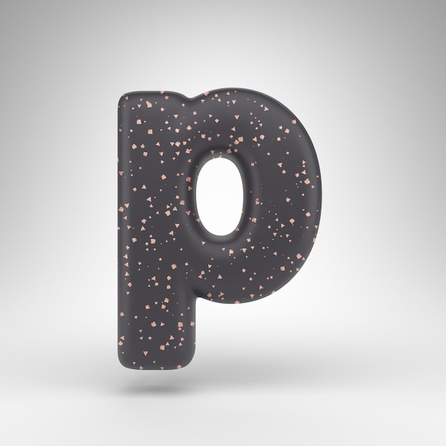 Letter P lowercase on white background. Black matte 3D rendered font with copper dots texture.