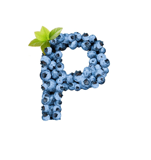 Letter P, made with fresh blueberries isolated on white. Bluberries font of full alphabet set of upper case letters.