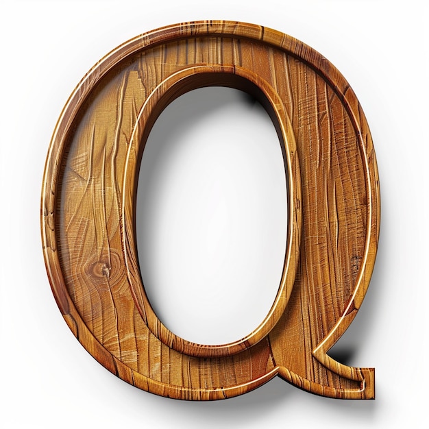 Letter Q English font Bold wooden color 3D white background typography