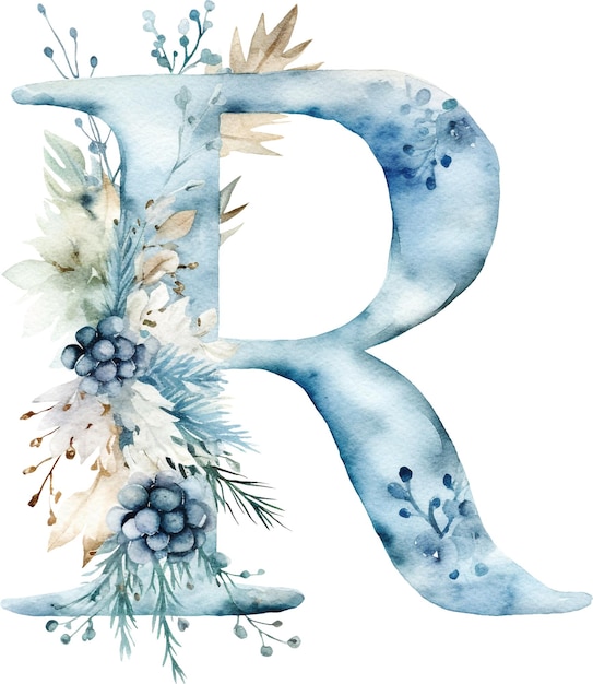 Photo letter r decorated with snowflakes winter wonderland watercolor isolated on white