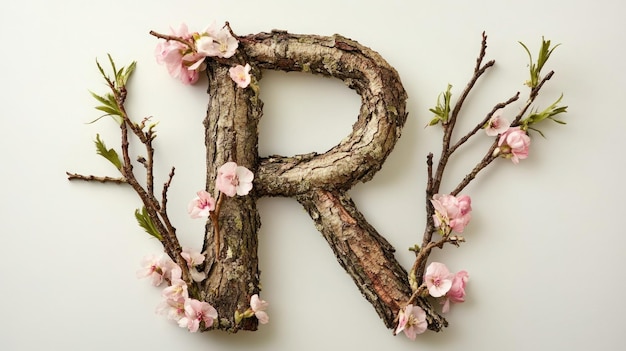 Photo letter r decorated with tree branches