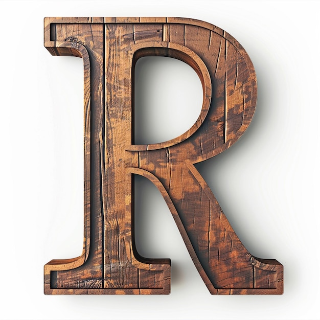 Letter R English font Bold wooden color 3D white background typography