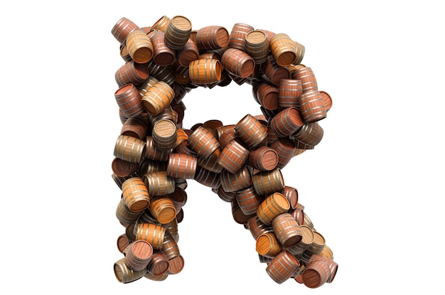 Letter R from wooden barrels 3D rendering