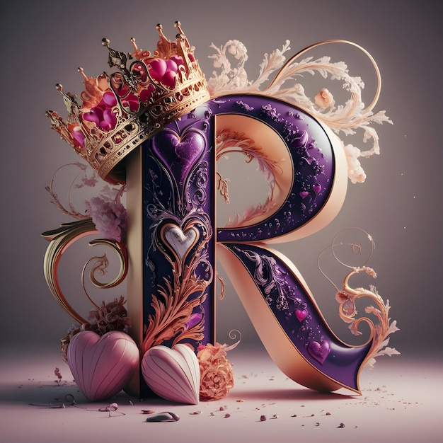 Photo a letter r is next to a crown and is decorated with flowers