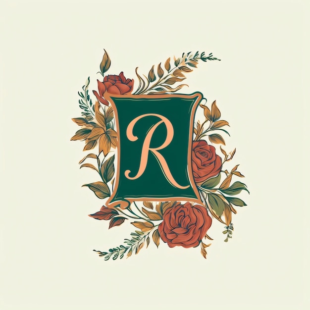 Letter R luxury floral monogram vintage heraldic shield decorated with beautiful flowers