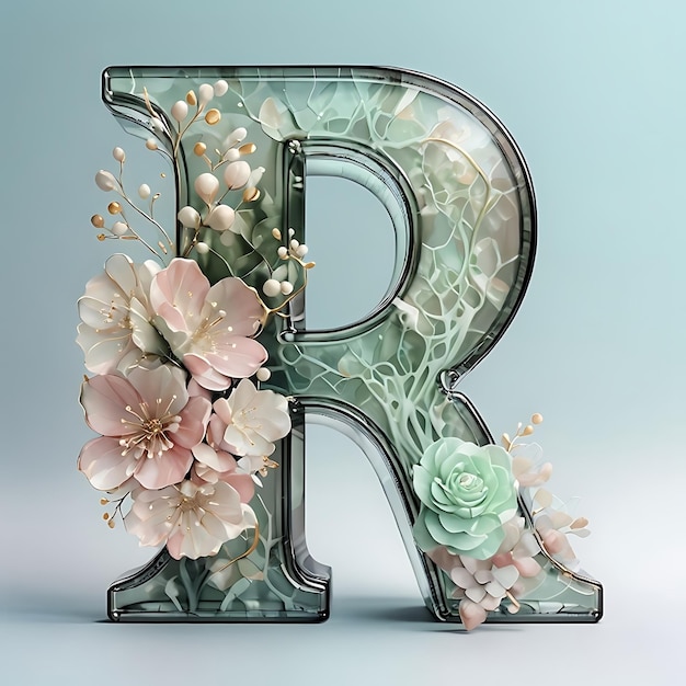 Photo a letter r made out of glass with flowers and leaves