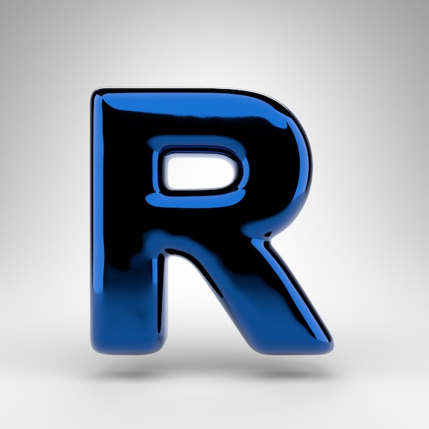 Letter R uppercase on white background. Blue chrome 3D rendered font with glossy surface.