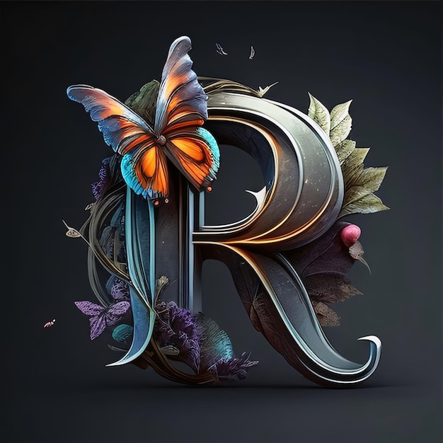 Photo letter r with butterfly 3d render black background design element