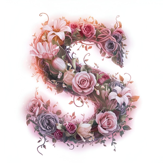 a letter s is painted with flowers and the letter s is painted in pink and purple